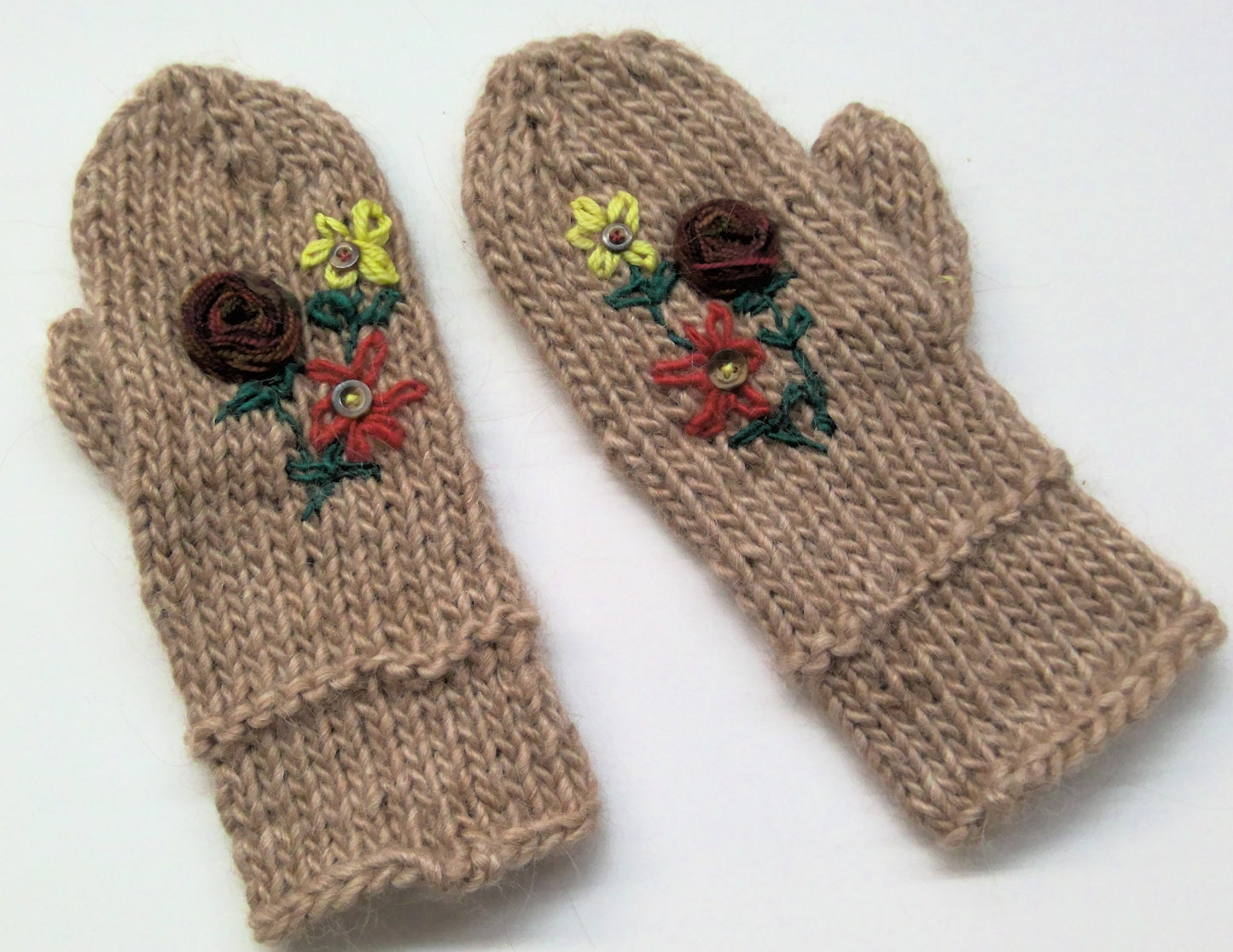 Mittens  Handmade  Tan with Flowers